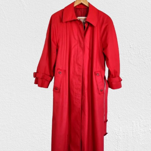 London Fog Red Midi Trench Coat Size 12 Petite 80's,Belted, Pockets, Lined - Picture 2 of 11